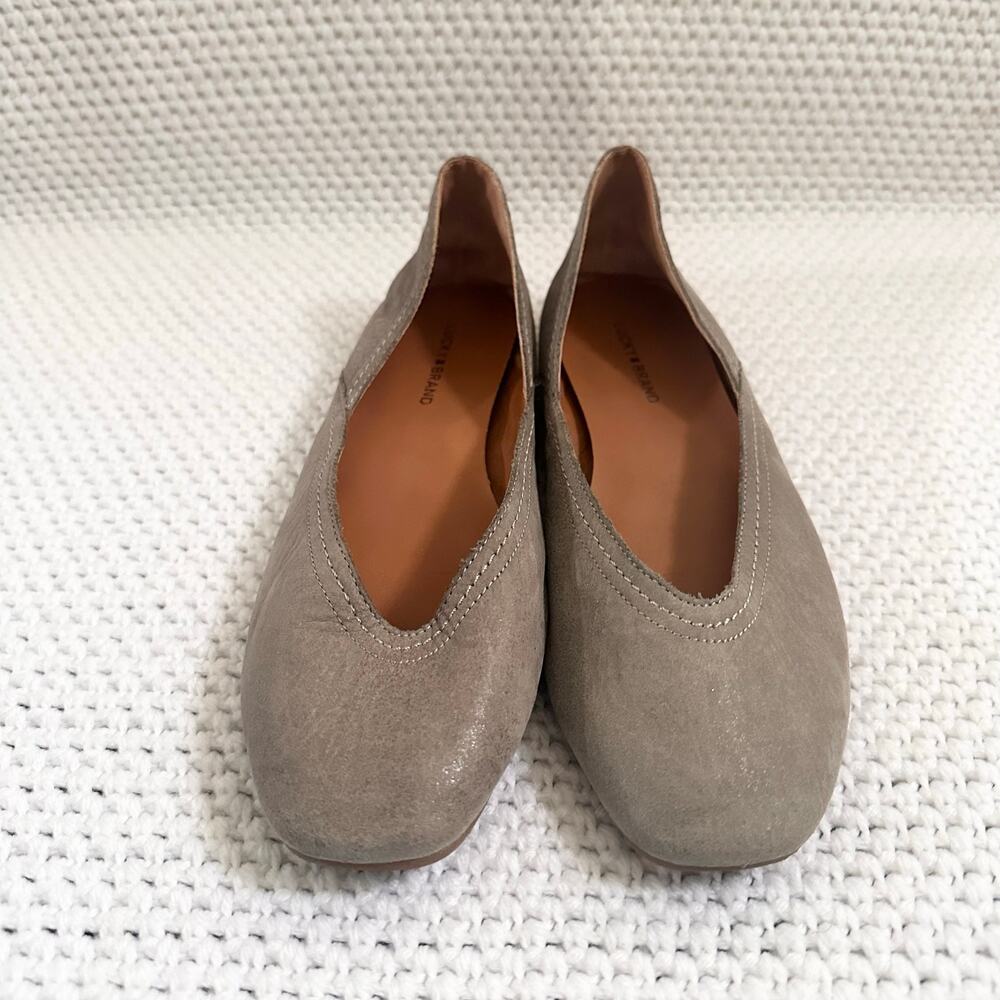 Lucky Brand Alba Taupe Gray Shimmer Suede Leather Squared Toe Ballet Flats 8 - Picture 2 of 8